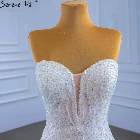 Vestidos de novia blancos de sirena con cola desmontable 2025, vestidos de novia de lujo con cuentas HM67404, hechos a medida 