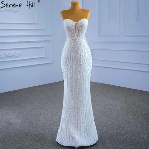 Vestidos de novia blancos de sirena con cola desmontable 2025, vestidos de novia de lujo con cuentas HM67404, hechos a medida 