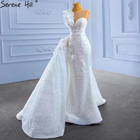 Vestido de novia blanco con cola desmontable, elegante, estilo sirena, con cuentas y perlas, HM67409, 2025 