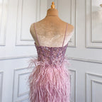 White Elegant Mermaid Sexy Spaghetti Strap Split Feathers Luxury Evening Dresses 2025 LA71685