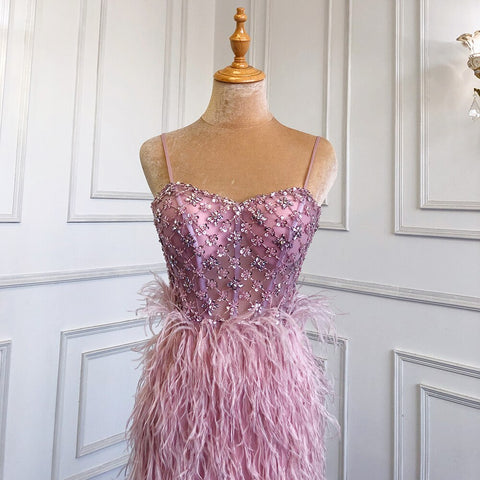 Vestido de noche de lujo blanco elegante con escote sirena, tirantes finos y plumas abiertas, LA71685 