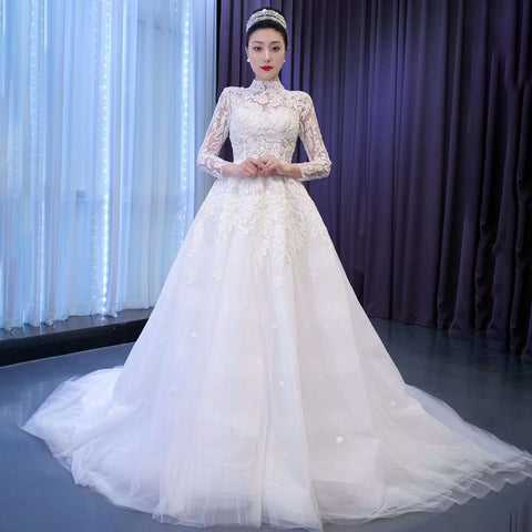 Vestido de novia blanco de alta gama con encaje, cuentas, cuello alto, mangas largas y cordones, hecho a medida, HM67486, 2025 