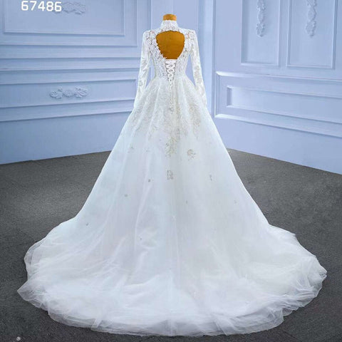 Vestido de novia blanco de alta gama con encaje, cuentas, cuello alto, mangas largas y cordones, hecho a medida, HM67486, 2025 
