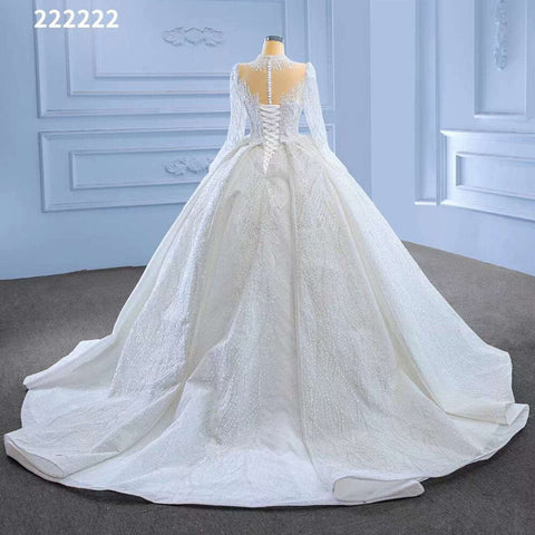 Vestido de novia blanco de alta gama con encaje de cuentas, mangas largas y cuello redondo, hecho a medida HM222222 