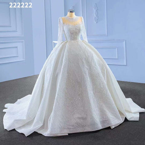 Vestido de novia blanco de alta gama con encaje de cuentas, mangas largas y cuello redondo, hecho a medida HM222222 
