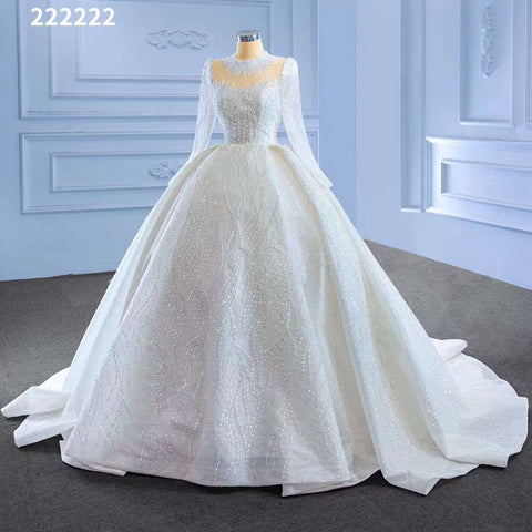 Vestido de novia blanco de alta gama con encaje de cuentas, mangas largas y cuello redondo, hecho a medida HM222222 