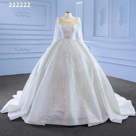 Vestido de novia blanco de alta gama con encaje de cuentas, mangas largas y cuello redondo, hecho a medida HM222222 