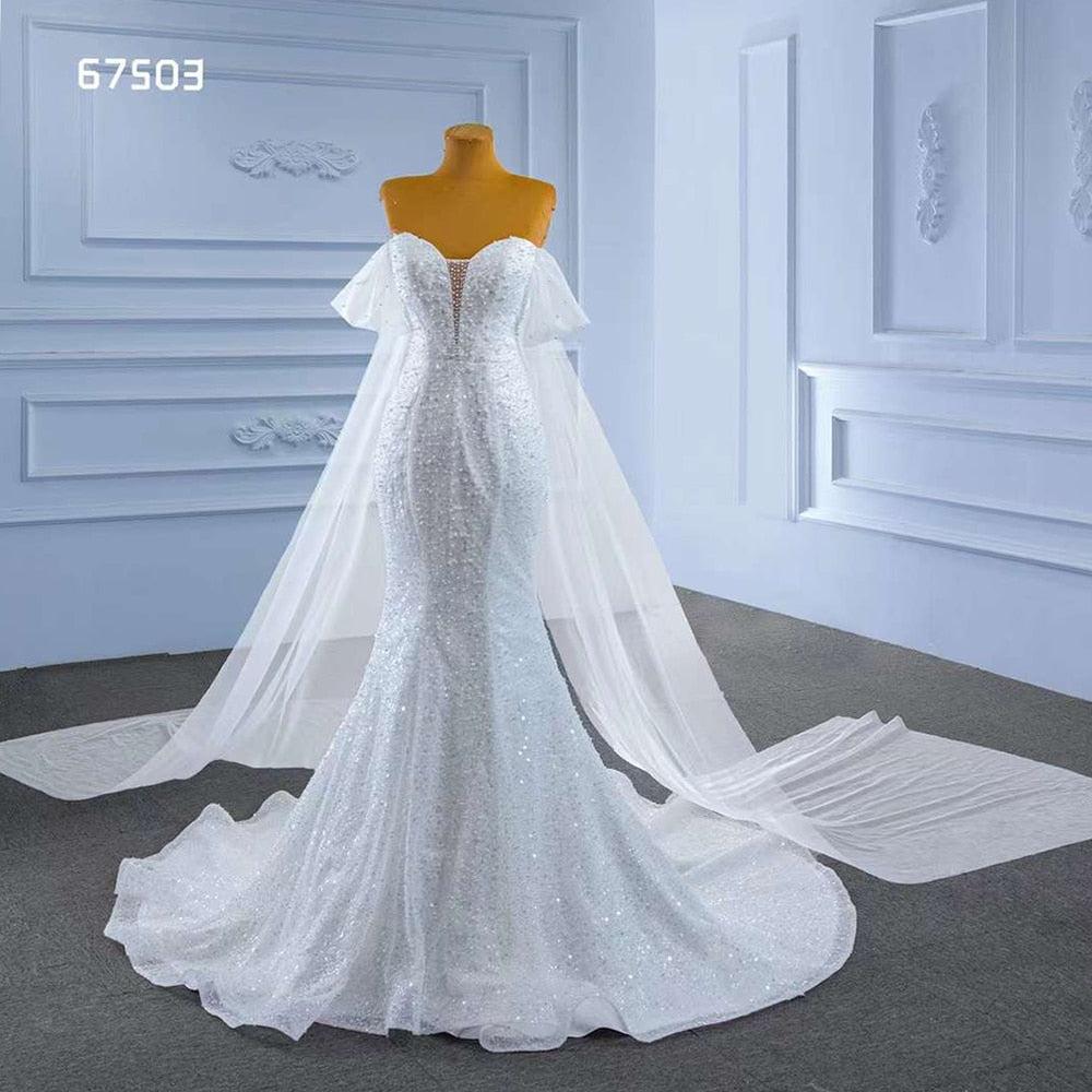 White Elegant Mermaid Strapless Luxury Pearls Beaded Lace Up Wedding Dress 2025 High End Custom Made HM67503