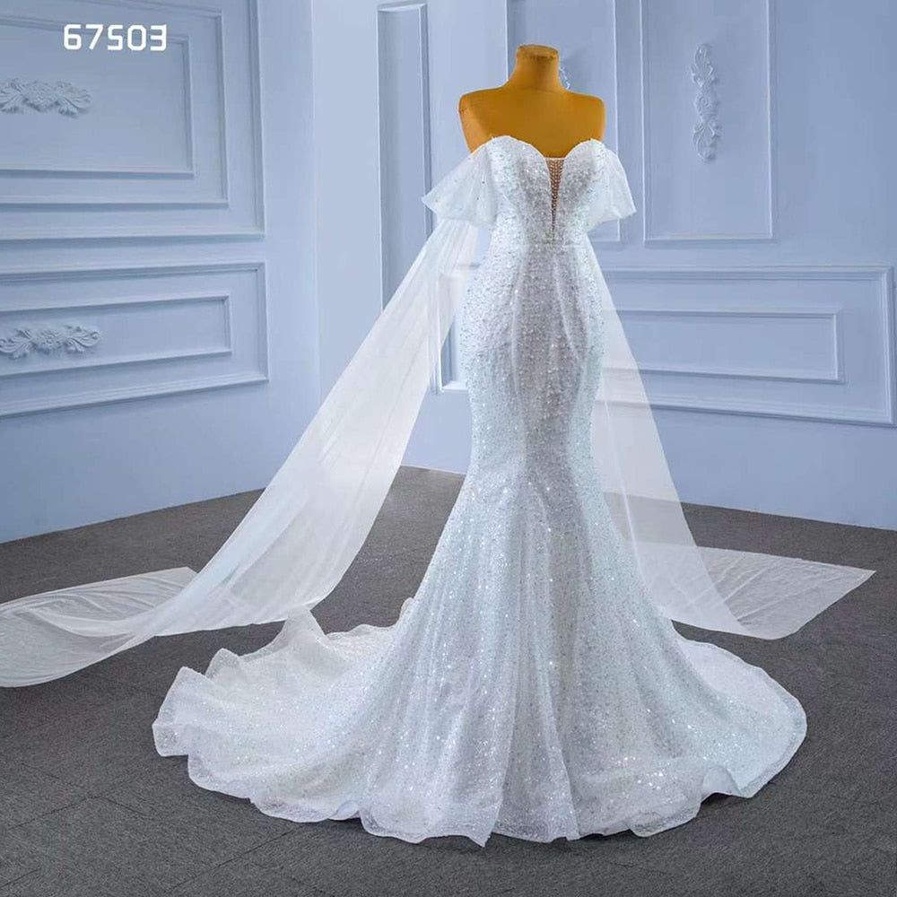 White Elegant Mermaid Strapless Luxury Pearls Beaded Lace Up Wedding Dress 2025 High End Custom Made HM67503