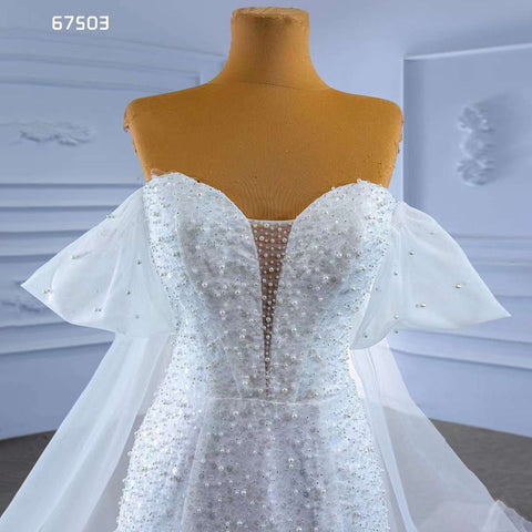 Vestido de novia blanco elegante de sirena sin tirantes, con cuentas de perlas y cordones, de alta gama, hecho a medida, HM67503, 2025 