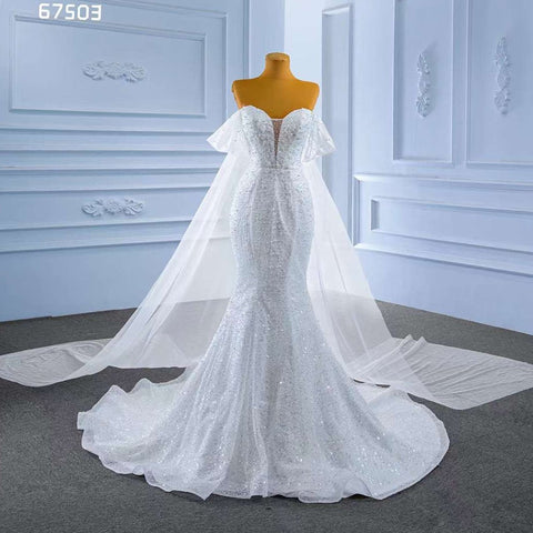 Vestido de novia blanco elegante de sirena sin tirantes, con cuentas de perlas y cordones, de alta gama, hecho a medida, HM67503, 2025 