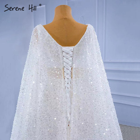 Vestidos de noche blancos de lujo de alta gama, con mangas tipo capa y plumas de cuentas, para mujer, para fiesta, HM67305, 2025 