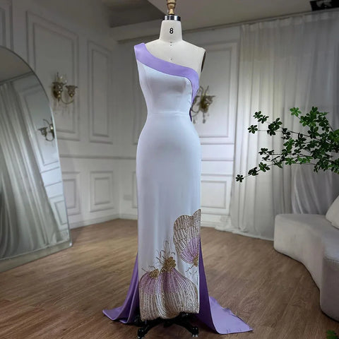 Vestido de noche de satén blanco lila, midi, de un solo hombro, con mariposas y cuentas, para boda de mujer LA72213 