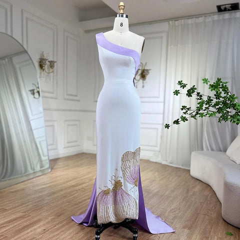 Vestido de noche de satén blanco lila, midi, de un solo hombro, con mariposas y cuentas, para boda de mujer LA72213 