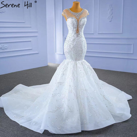 Vestidos de novia blancos de lujo con corte sirena, elegantes, con cuentas y diamantes, mangas casquillo, HM67296, hechos a medida, 2025 