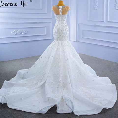 Vestidos de novia blancos de lujo con corte sirena, elegantes, con cuentas y diamantes, mangas casquillo, HM67296, hechos a medida, 2025 