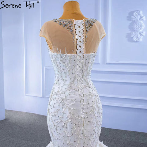 Vestidos de novia blancos de lujo con corte sirena, elegantes, con cuentas y diamantes, mangas casquillo, HM67296, hechos a medida, 2025 