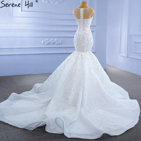 Vestidos de novia blancos de lujo con corte sirena, elegantes, con cuentas y diamantes, mangas casquillo, HM67296, hechos a medida, 2025 