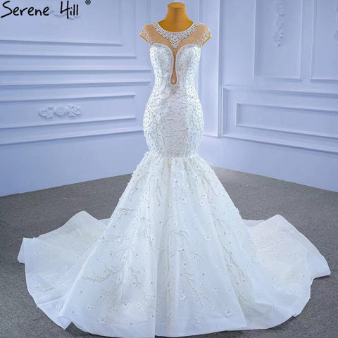 Vestidos de novia blancos de lujo con corte sirena, elegantes, con cuentas y diamantes, mangas casquillo, HM67296, hechos a medida, 2025 