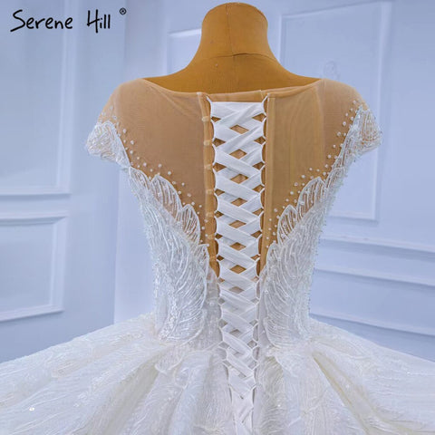 Vestidos de novia blancos de lujo de alta gama 2025 con cuentas y perlas, vestidos de novia con cordones HM67306, hechos a medida 