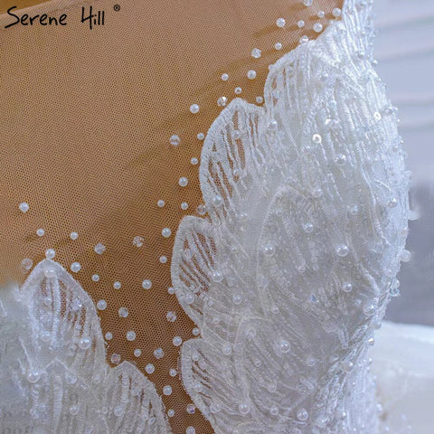 Vestidos de novia blancos de lujo de alta gama 2025 con cuentas y perlas, vestidos de novia con cordones HM67306, hechos a medida 