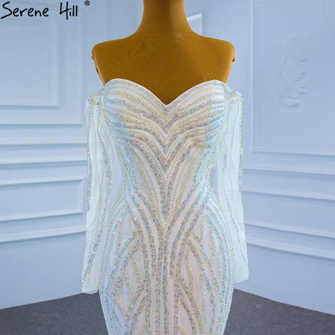 Vestidos de novia blancos de lujo estilo sirena 2025, elegantes vestidos de novia con perlas y cuentas, HM67242 