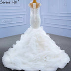White Luxury Mermaid Wedding Dresses Gowns 2025 Elegant Beaded Ruffles Bridal Dress HM67291
