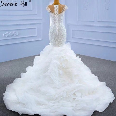 Vestido de novia blanco de lujo estilo sirena 2025, elegante vestido de novia con volantes y cuentas HM67291 