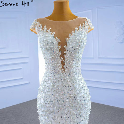 Vestido de novia blanco de lujo estilo sirena 2025, elegante vestido de novia con volantes y cuentas HM67291 