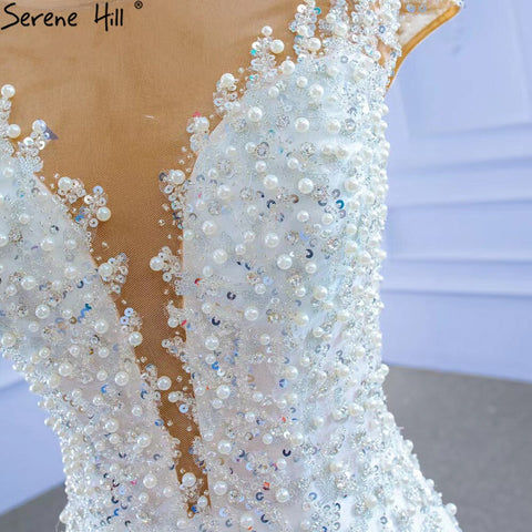 Vestido de novia blanco de lujo estilo sirena 2025, elegante vestido de novia con volantes y cuentas HM67291 