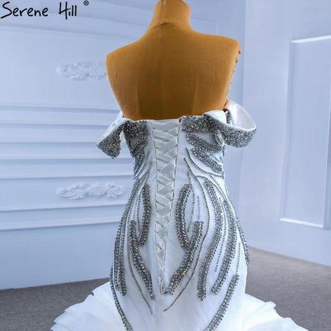 Vestidos de novia blancos de lujo con volantes y cuentas 2025, elegantes vestidos de novia de alta gama estilo sirena HM67365, hechos a medida 