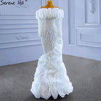 White Luxury Ruffles Wedding Dresses Gowns 2025 Mermaid Beaded Pearls Elegant Bridal Dress HM67418