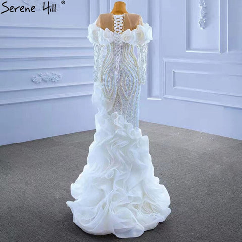 Vestido de novia blanco de lujo con volantes, corte sirena, cuentas y perlas, HM67418 
