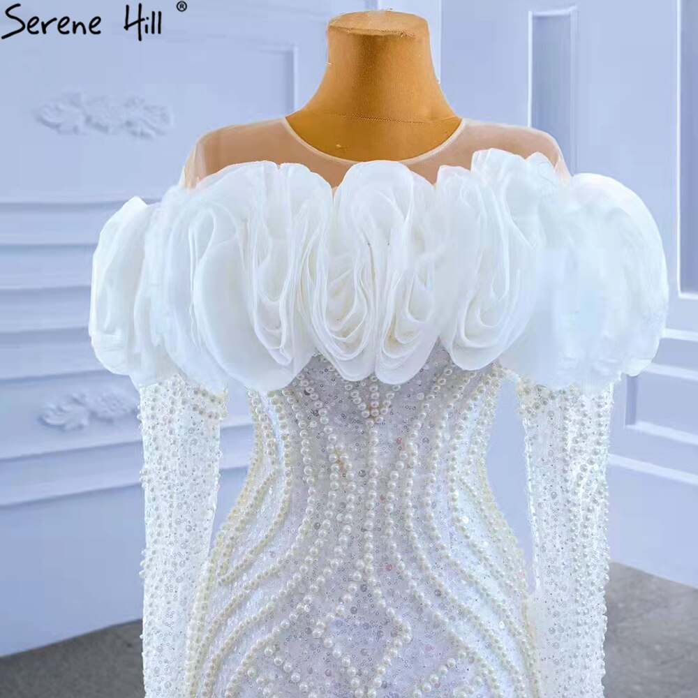 White Luxury Ruffles Wedding Dresses Gowns 2025 Mermaid Beaded Pearls Elegant Bridal Dress HM67418