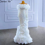 White Luxury Ruffles Wedding Dresses Gowns 2025 Mermaid Beaded Pearls Elegant Bridal Dress HM67418