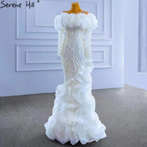 Vestido de novia blanco de lujo con volantes, corte sirena, cuentas y perlas, HM67418 
