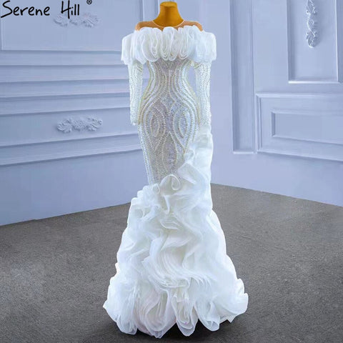 Vestido de novia blanco de lujo con volantes, corte sirena, cuentas y perlas, HM67418 
