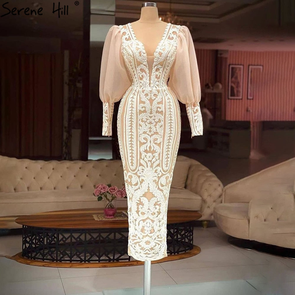 White Mermaid Elegant Evening Dresses Gowns 2025 Puff Sleeves Ankle-Length For Women Party LA70938