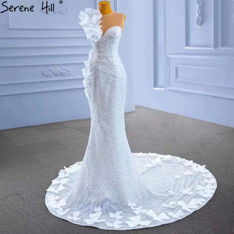 Elegante vestido de novia blanco de corte sirena, 2025, con flores y cuentas, de lujo, HM67424 