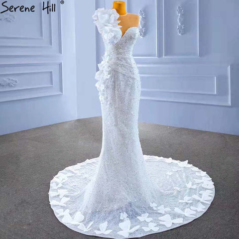 Elegante vestido de novia blanco de corte sirena, 2025, con flores y cuentas, de lujo, HM67424 