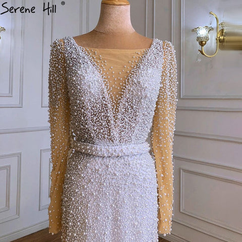 White Mermaid Luxury Evening Dresses Gowns 2025 Elegant Pearls Feathers For Women Party LA70633