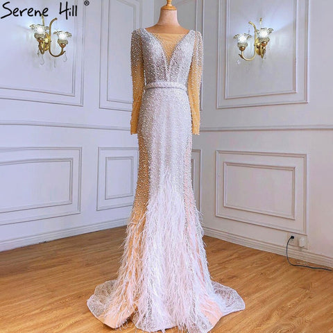 White Mermaid Luxury Evening Dresses Gowns 2025 Elegant Pearls Feathers For Women Party LA70633
