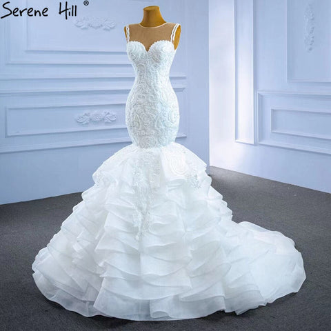 Vestidos de novia de lujo de sirena blanca 2025 con cuentas, capas, sexys y elegantes, HM62755, hechos a medida 