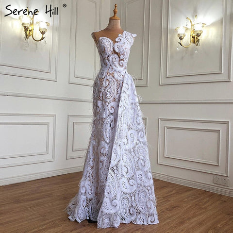 Vestido de noche con sobrefalda de sirena blanca, elegante, de encaje y plumas, para mujer, para fiesta, LA71143 