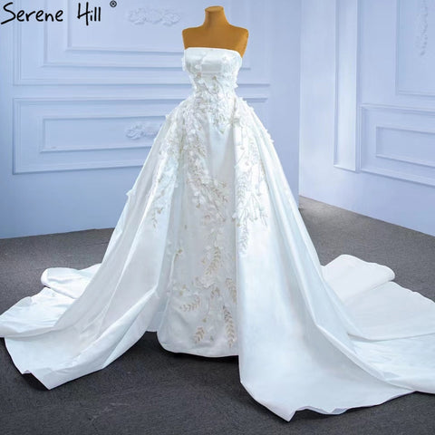 Vestidos de novia con sobrefalda de sirena blanca 2025, elegantes vestidos de novia con flores y cuentas HM67282, hechos a medida 
