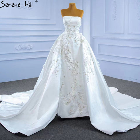 Vestidos de novia con sobrefalda de sirena blanca 2025, elegantes vestidos de novia con flores y cuentas HM67282, hechos a medida 