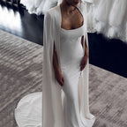 White Mermaid Satin Evening Dresses Gowns 2025 Cape Sleeves Backless Sexy For Women Party LA70628