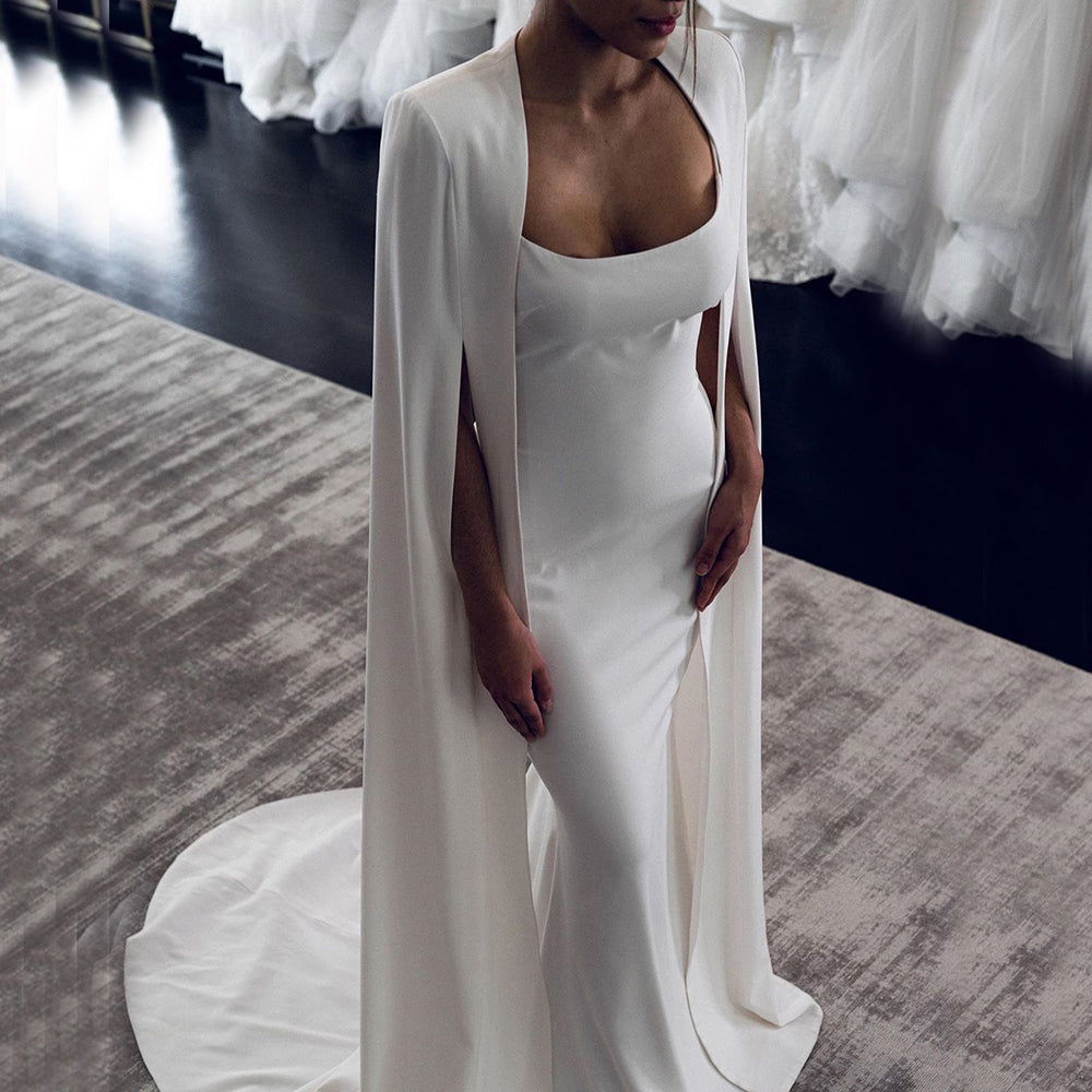White Mermaid Satin Evening Dresses Gowns 2025 Cape Sleeves Backless Sexy For Women Party LA70628