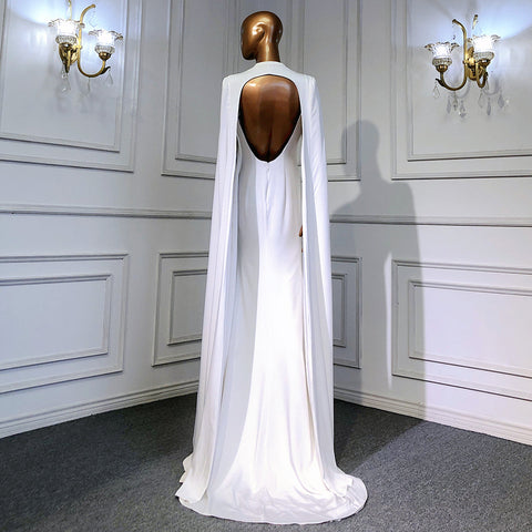 Vestidos de noche de satén blanco estilo sirena, 2025, con mangas estilo capa, espalda descubierta, sexys, para mujer, para fiesta, LA70628 