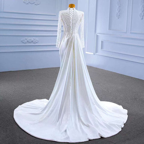 Vestido de novia de satén blanco de sirena, mangas largas, encaje con cuentas y cordones, 2025, alta gama, hecho a medida, HM67457 